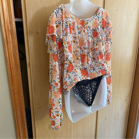 Free People • Say It To Me Floral Orange Ruffle Bodysuit - Picture 10 of 16